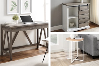 Walker Edison writing desk, side table, and accent cabinet