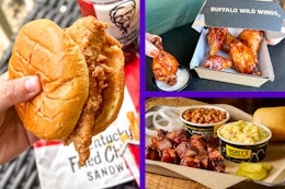 KFC chicken sandwich, Buffalo Wild Wings, and dickey's barbecue pit food