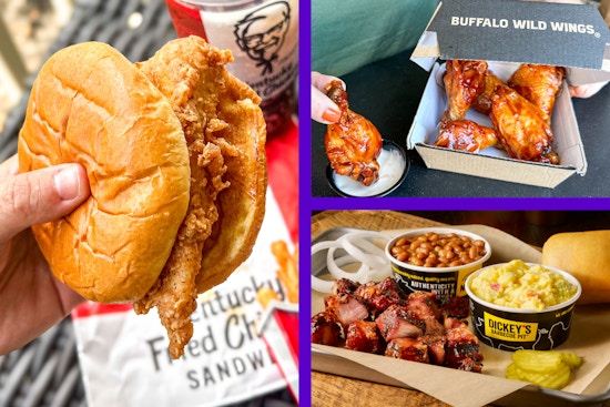 KFC chicken sandwich, Buffalo Wild Wings, and dickey's barbecue pit food