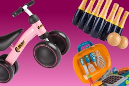 pink lil rider trike, lawn bowling, pretend play grill