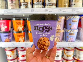 hand holding one Noosa frozen gelato in front of display section