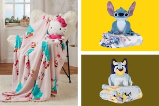 kids' character blanket and pillow sets side by side