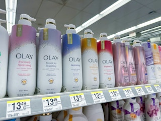olay premium body washes on shelf at walgreens
