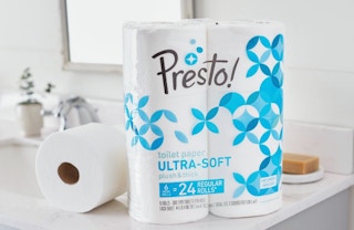 a pack of presto toilet paper on a bathroom counter