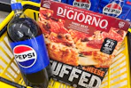 pepsi and digiorno in yellow shopping basket