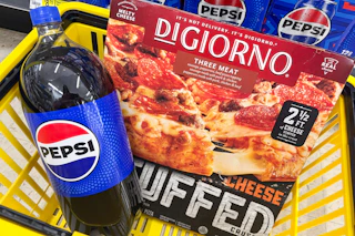 pepsi and digiorno in yellow shopping basket