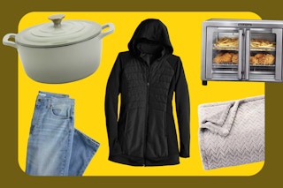 collage of dutch oven, jacket, air fryer, jeans and a blanket