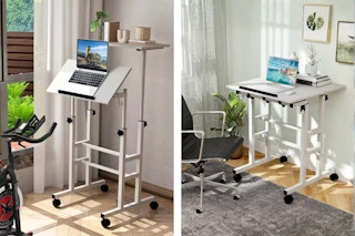 2 lifestyle images of the Costway Mobile Standing Desk