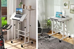 2 lifestyle images of the Costway Mobile Standing Desk