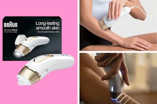 a collage of the packaging of the Braun Silk-Expert Pro and people using the product