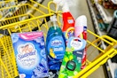 tide, suavitel, dawn, febreze, glade products in a yellow shopping cart
