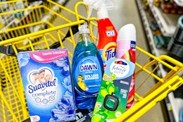 tide, suavitel, dawn, febreze, glade products in a yellow shopping cart