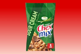 bag of sour cream Chex Mix snack mix on red KCL template