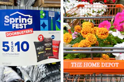 tho images of a lowes spring fest sigange and a home depot cart with flowers 