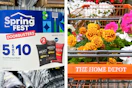 tho images of a lowes spring fest sigange and a home depot cart with flowers