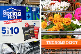 tho images of a lowes spring fest sigange and a home depot cart with flowers
