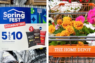 tho images of a lowes spring fest sigange and a home depot cart with flowers