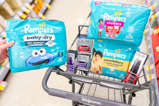 Walgreens shopping cart with Olay and Pampers