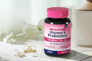 bottle of NewRhythm Probiotics for Women on a table