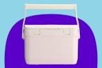 Stanley Adventure Easy-Carry Cooler 16qt Rose Quartz on a blue background.