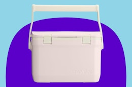 Stanley Adventure Easy-Carry Cooler 16qt Rose Quartz on a blue background.