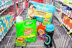 shopping cart with downy, gain, zyrtec, and pampers products