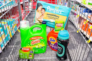 shopping cart with downy, gain, zyrtec, and pampers products