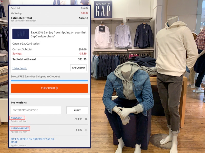 The mens gap clothing section with a screen shot of the online checkout portal with discount coupon codes laid over it.