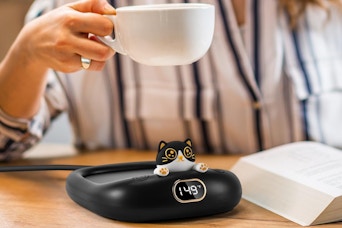a cat mug warmer on a table