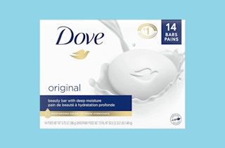a pack of bar soaps on a light blue background