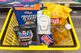 dollar general groceries in yellow shopping basket