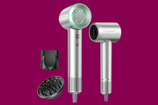 Two angles of an ionic hair dryer, and two attachments