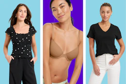 women's black blouse, beige bra, and black tee