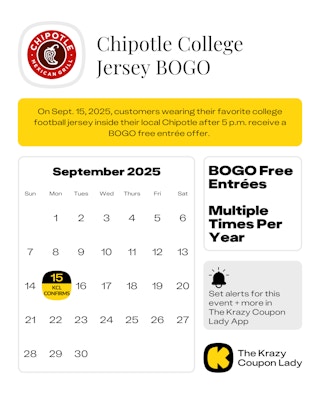 a calendar showing the chipotle wear your jersey bogo promotion
