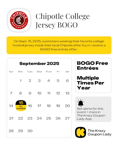 a calendar showing the chipotle wear your jersey bogo promotion
