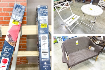Three Home Depot clearance items that can be used outdoors: Folding table & chair, woven loveseat & umbrellas