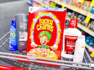 sunscreen, body wash, cereal, mouthwash, and deodorant in a cart