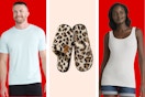 men's light blue tee, women's slippers, and white tank top for women