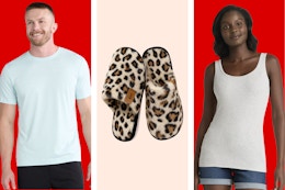 men's light blue tee, women's slippers, and white tank top for women