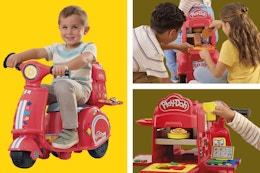 Three lifestyle images of the Play-Doh Scooter Playset being used by children