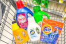 Tide, Arm & Hammer, All, Gain, and Persil laundry detergents in a shopping cart