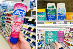 collage image of act toothpaste, crest, and toms toothpaste