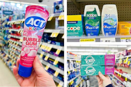 collage image of act toothpaste, crest, and toms toothpaste