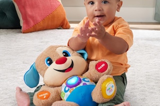 baby playing with Fisher-Price Musical Plush