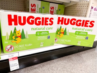 Huggies Natural Care Sensitive and Fragrance Free baby wipes on display on a Target shelf