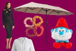 Apparel, accessories, solar patio umbrella & Smurf toy