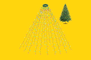 Several Christmas LED light strands are held together by a ring so they can be draped over the top of a tree.