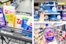 collage image of cleaning supplies, toilet paper, and softsoap hand soap refill