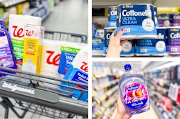collage image of cleaning supplies, toilet paper, and softsoap hand soap refill