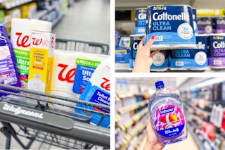 collage image of cleaning supplies, toilet paper, and softsoap hand soap refill